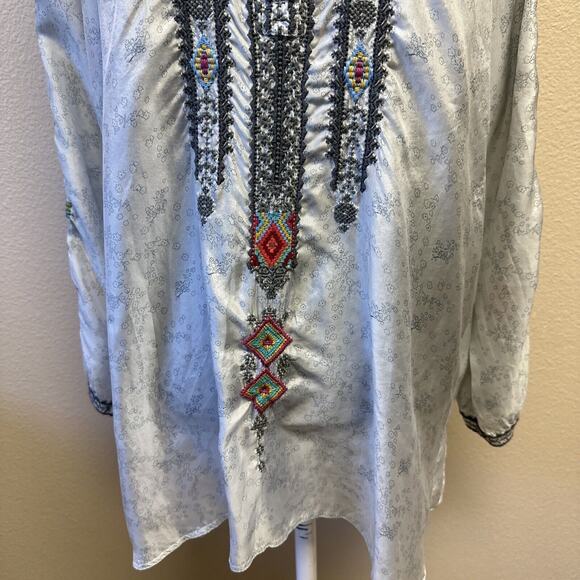 JW Los Angeles Nanoe Embroidered Silk Relaxed Tunic Small Collared South Western - Picture 5 of 12